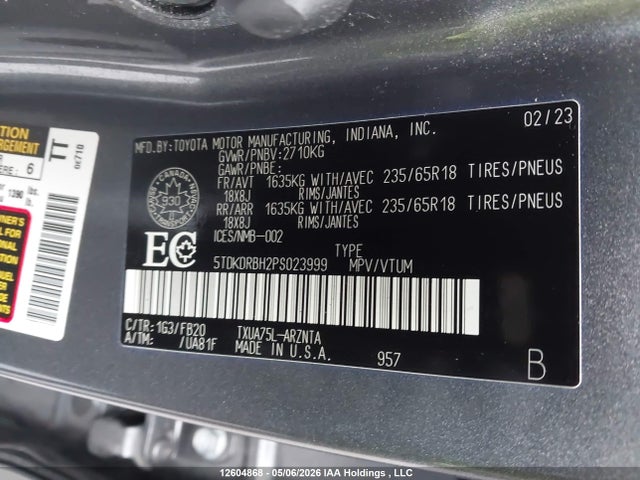 5TDKDRBH2PS023999 Toyota Highlander L/le/xle/limited/platinum/xse