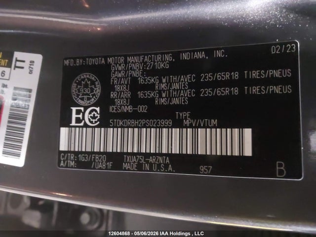 5TDKDRBH2PS023999 Toyota Highlander L/le/xle/limited/platinum/xse