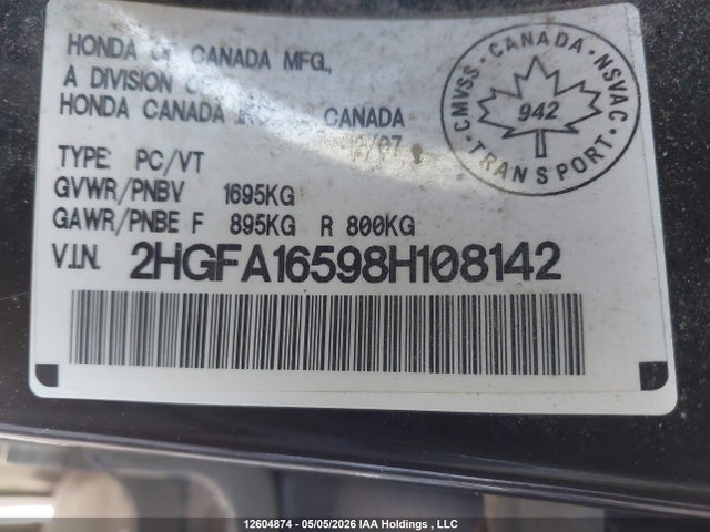 Aukcja sprzedaży 2008 Honda Civic Lx, vin: 2HGFA16598H108142, numer aukcji: 12604874