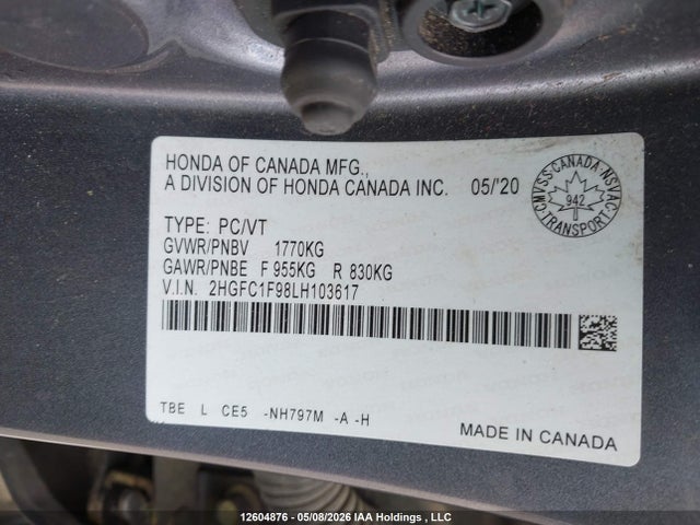 Продаж на аукціоні авто 2020 Honda Civic Touring, vin: 2HGFC1F98LH103617, номер лоту: 12604876