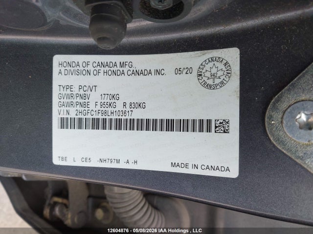 Продаж на аукціоні авто 2020 Honda Civic Touring, vin: 2HGFC1F98LH103617, номер лоту: 12604876