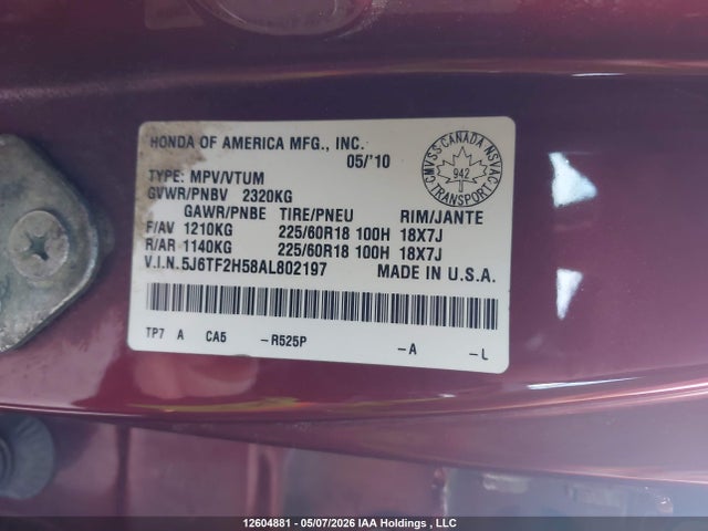 Продажа на аукционе авто 2010 Honda Accord Crosstour Exl, vin: 5J6TF2H58AL802197, номер лота: 12604881