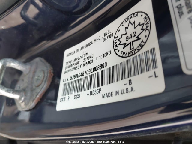 Продажа на аукционе авто 2009 Honda Cr-v Exl, vin: 5J6RE48709L808890, номер лота: 12604893
