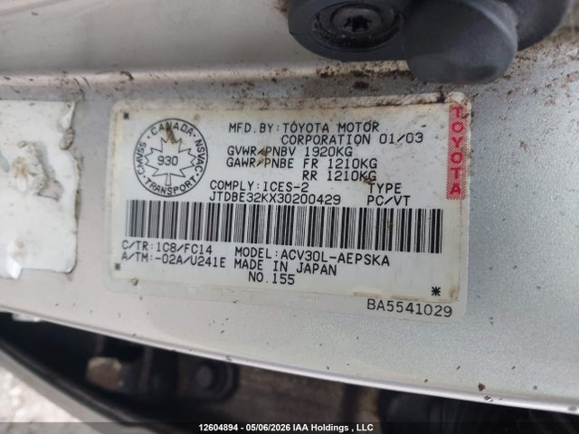 12604894 :رقم المزاد ، JTDBE32KX30200429 vin ، 2003 Toyota Camry Le/xle مزاد بيع