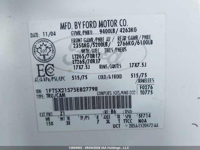 Продажа на аукционе авто 2005 Ford F250 Super Duty, vin: 1FTSX21575EB27798, номер лота: 12604902