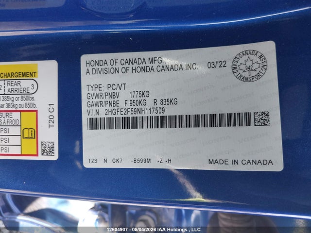 2HGFE2F59NH117509 Honda Civic Sport