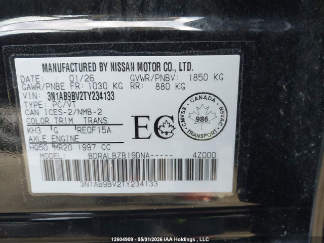 2026 Nissan Sentra S Cvt მანქანა იყიდება აუქციონზე, vin: 3N1AB9BV2TY234133, აუქციონის ნომერი: 12604909