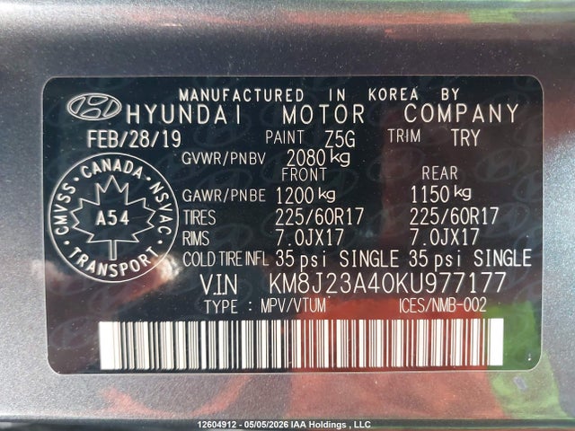 2019 Hyundai Tucson Se მანქანა იყიდება აუქციონზე, vin: KM8J23A40KU977177, აუქციონის ნომერი: 12604912