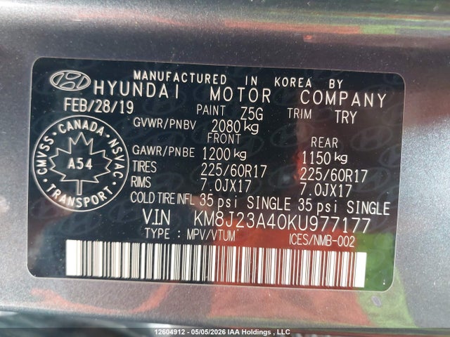 2019 Hyundai Tucson Se მანქანა იყიდება აუქციონზე, vin: KM8J23A40KU977177, აუქციონის ნომერი: 12604912