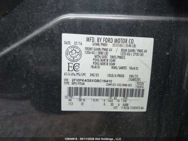 Продажа на аукционе авто 2016 Ford Edge, vin: 2FMPK4G9XGBC18410, номер лота: 12604915