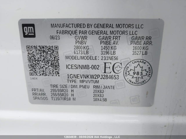 1GNEVNKW2PJ284653 Chevrolet Traverse High Country