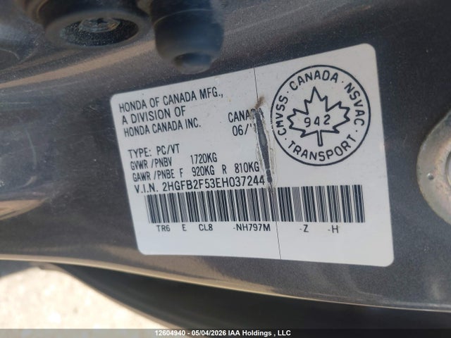 Продажа на аукционе авто 2014 Honda Civic Ex, vin: 2HGFB2F53EH037244, номер лота: 12604940