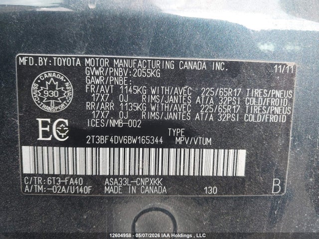 2011 Toyota Rav4 მანქანა იყიდება აუქციონზე, vin: 2T3BF4DV6BW165344, აუქციონის ნომერი: 12604958