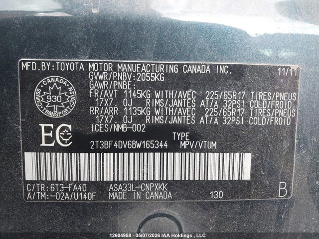 2011 Toyota Rav4 მანქანა იყიდება აუქციონზე, vin: 2T3BF4DV6BW165344, აუქციონის ნომერი: 12604958