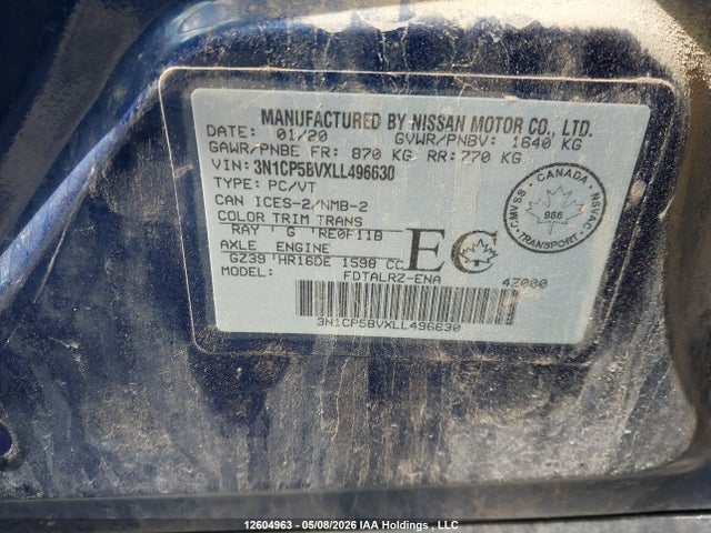 12604963 :رقم المزاد ، 3N1CP5BVXLL496630 vin ، 2020 Nissan Kicks S مزاد بيع