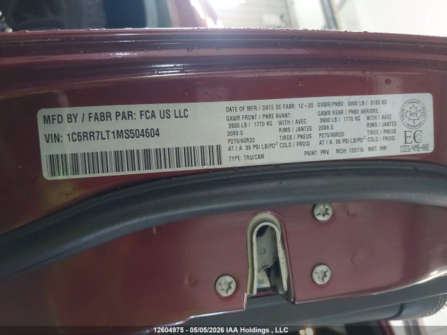 12604975 :رقم المزاد ، 1C6RR7LT1MS504604 vin ، 2021 Ram 1500 Classic Slt مزاد بيع