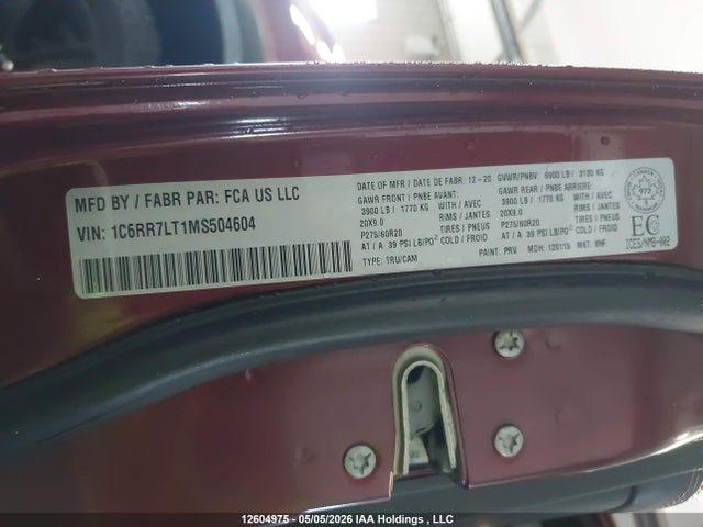 12604975 :رقم المزاد ، 1C6RR7LT1MS504604 vin ، 2021 Ram 1500 Classic Slt مزاد بيع