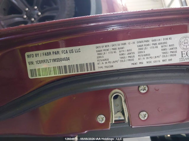 12604975 :رقم المزاد ، 1C6RR7LT1MS504604 vin ، 2021 Ram 1500 Classic Slt مزاد بيع
