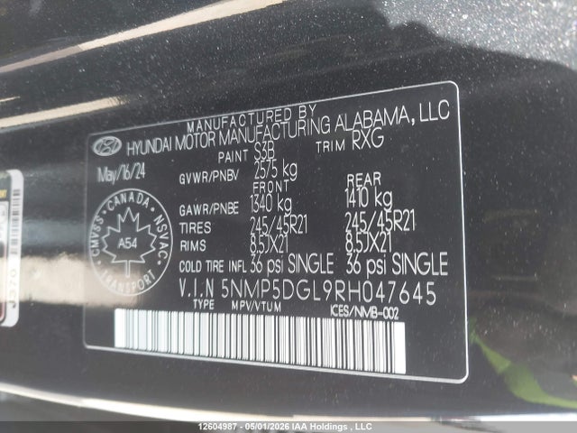 12604987 :رقم المزاد ، 5NMP5DGL9RH047645 vin ، 2024 Hyundai Santa Fe Calligraphy مزاد بيع