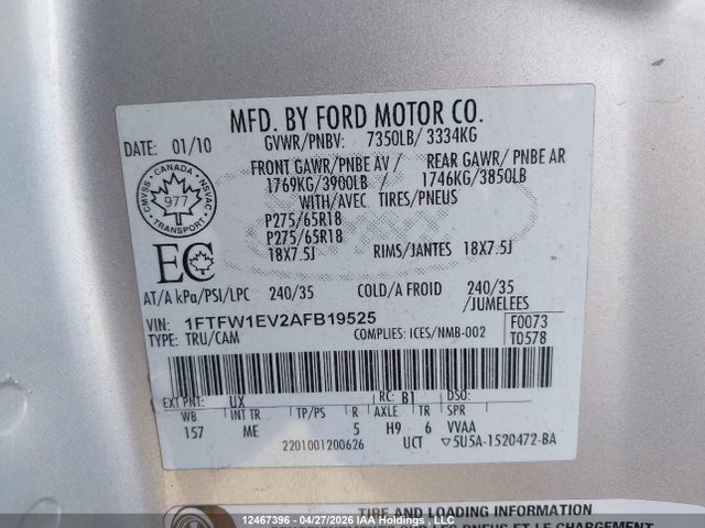 Aukcja sprzedaży 2010 Ford F-150 Fx4/harley-davidson/lariat/xlt, vin: 1FTFW1EV2AFB19525, numer aukcji: 12467396