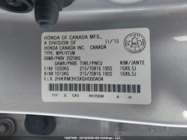 Aukcja sprzedaży 2016 Honda Cr-v Lx, vin: 2HKRM3H3XGH000404, numer aukcji: 12567650