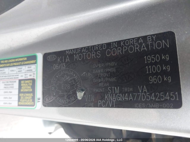 12604999 :رقم المزاد ، KNAGN4A77D5425451 vin ، 2013 Kia Optima Ex مزاد بيع