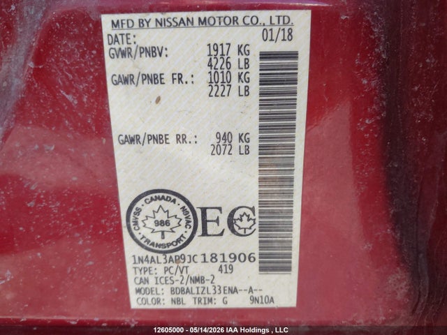 Aukcja sprzedaży 2018 Nissan Altima, vin: 1N4AL3AP9JC181906, numer aukcji: 12605000