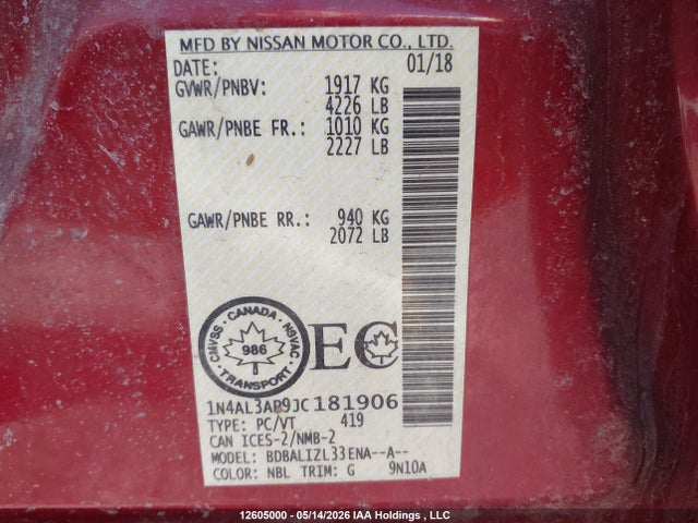 Aukcja sprzedaży 2018 Nissan Altima, vin: 1N4AL3AP9JC181906, numer aukcji: 12605000