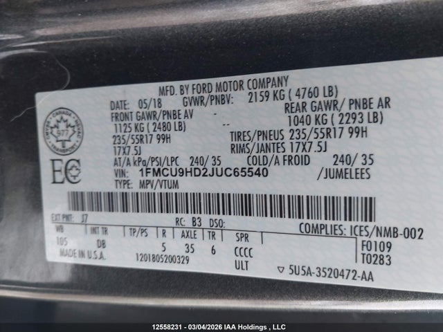 Aukcja sprzedaży 2018 Ford Escape Sel, vin: 1FMCU9HD2JUC65540, numer aukcji: 12558231