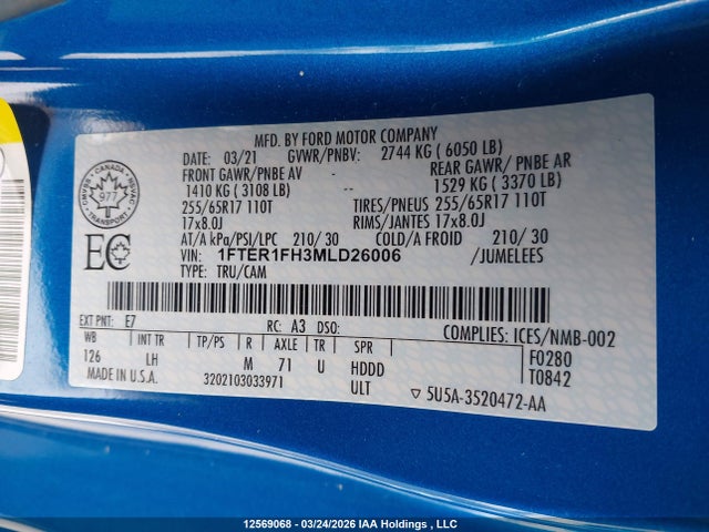 Aukcja sprzedaży 2021 Ford Ranger Xlt, vin: 1FTER1FH3MLD26006, numer aukcji: 12569068
