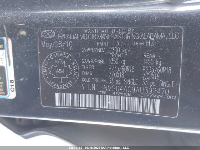 Продаж на аукціоні авто 2010 Hyundai Santa Fe Gl 3.5 Sport, vin: 5NMSG4AG9AH392470, номер лоту: 12571169