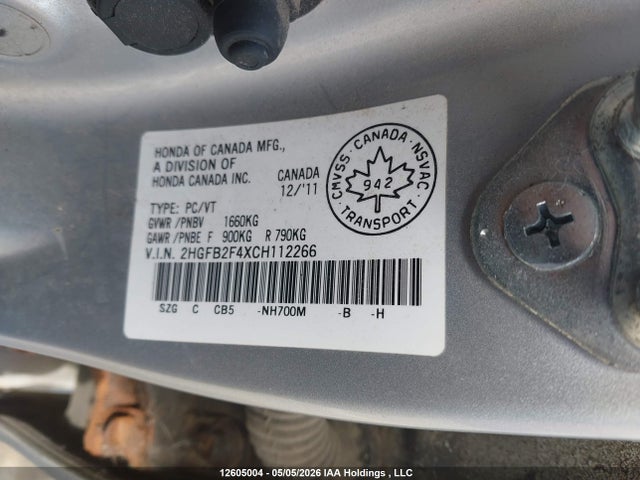 Продажа на аукционе авто 2012 Honda Civic Lx, vin: 2HGFB2F4XCH112266, номер лота: 12605004