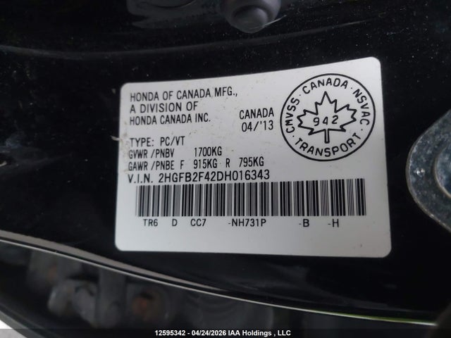 Aukcja sprzedaży 2013 Honda Civic Lx, vin: 2HGFB2F42DH016343, numer aukcji: 12595342