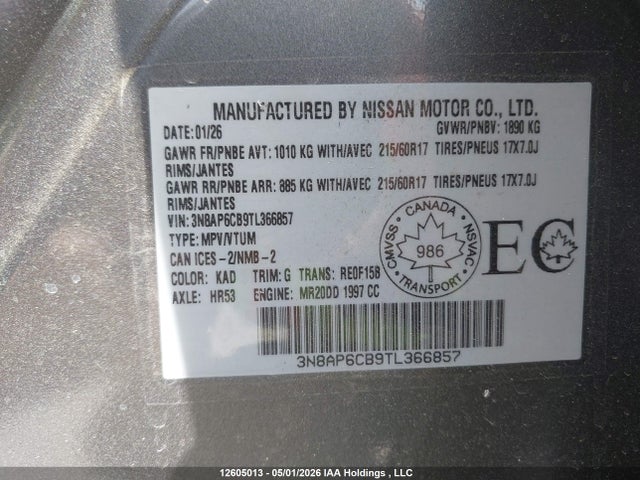 2026 Nissan Kicks Sv მანქანა იყიდება აუქციონზე, vin: 3N8AP6CB9TL366857, აუქციონის ნომერი: 12605013