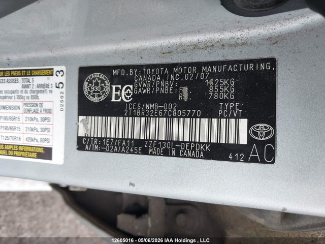 12605016 :رقم المزاد ، 2T1BR32E67C805770 vin ، 2007 Toyota Corolla Ce/le/s مزاد بيع