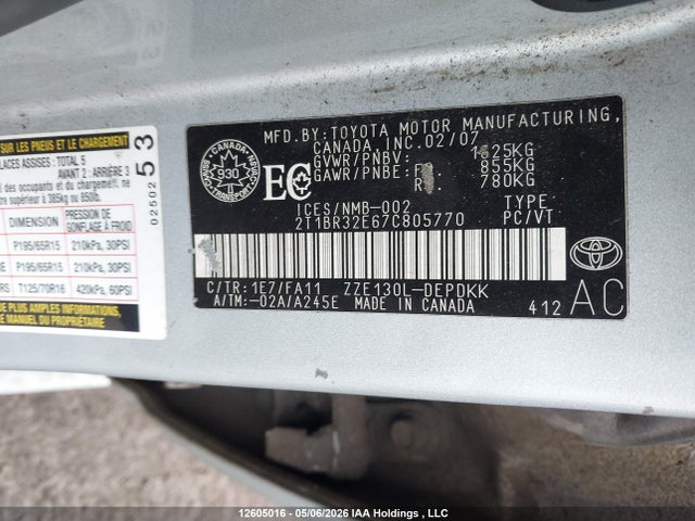 12605016 :رقم المزاد ، 2T1BR32E67C805770 vin ، 2007 Toyota Corolla Ce/le/s مزاد بيع