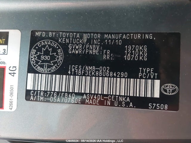 12605024 :رقم المزاد ، 4T1BF3EK8BU684290 vin ، 2011 Toyota Camry مزاد بيع