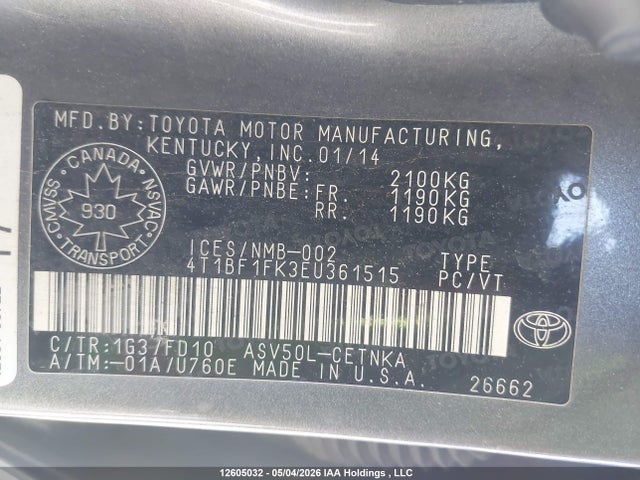 2014 Toyota Camry Le მანქანა იყიდება აუქციონზე, vin: 4T1BF1FK3EU361515, აუქციონის ნომერი: 12605032