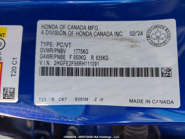 12605036 :رقم المزاد ، 2HGFE2F56RH111091 vin ، 2024 Honda Civic Sport مزاد بيع