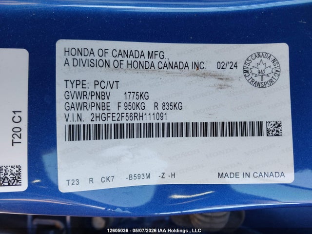12605036 :رقم المزاد ، 2HGFE2F56RH111091 vin ، 2024 Honda Civic Sport مزاد بيع