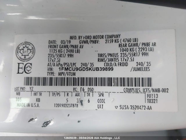 Продажа на аукционе авто 2019 Ford Escape Se, vin: 1FMCU9GD5KUB39899, номер лота: 12605039