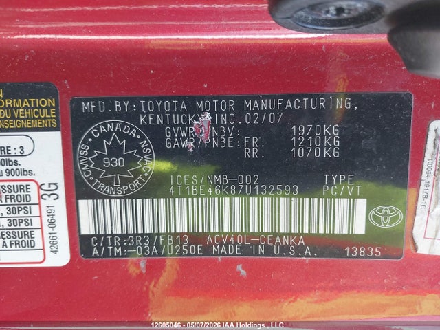12605046 :رقم المزاد ، 4T1BE46K87U132593 vin ، 2007 Toyota Camry Le/se مزاد بيع