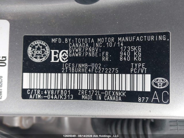 12605049 :رقم المزاد ، 2T1BURHE4FC272275 vin ، 2015 Toyota Corolla Le مزاد بيع