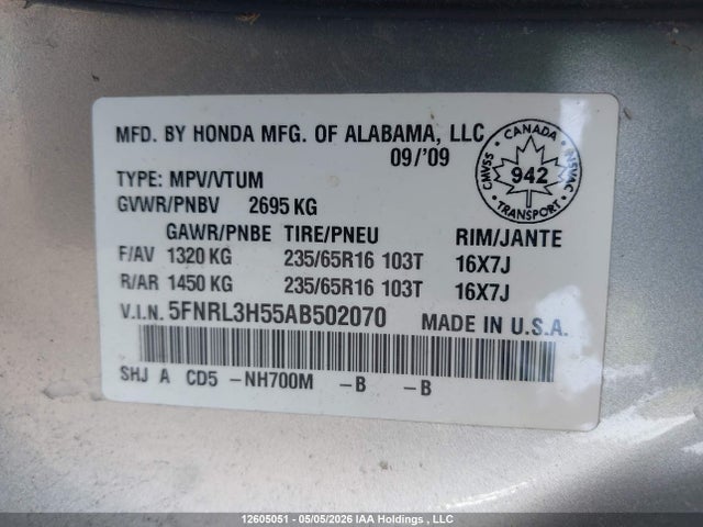2010 Honda Odyssey Se მანქანა იყიდება აუქციონზე, vin: 5FNRL3H55AB502070, აუქციონის ნომერი: 12605051