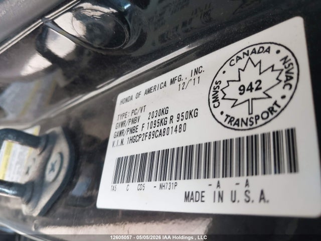 Продажа на аукционе авто 2012 Honda Accord, vin: 1HGCP2F89CA801480, номер лота: 12605057