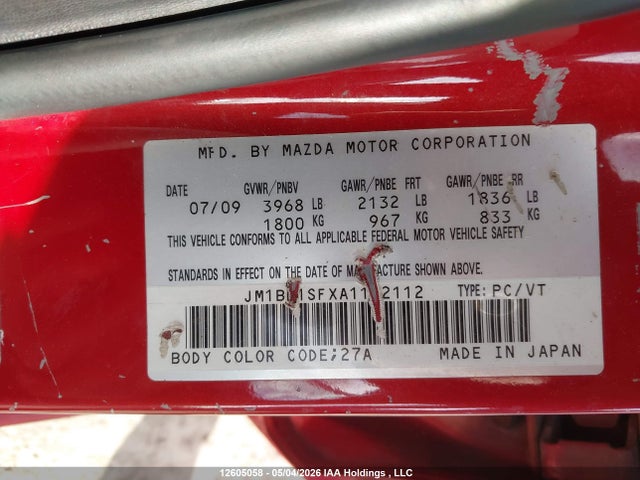 12605058 :رقم المزاد ، JM1BL1SFXA1192112 vin ، 2010 Mazda Mazda3 Gs/gx مزاد بيع