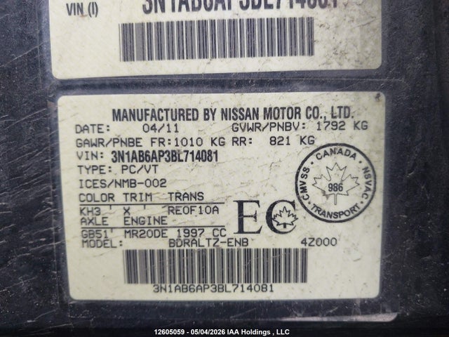 12605059 :رقم المزاد ، 3N1AB6AP3BL714081 vin ، 2011 Nissan Sentra 2.0s مزاد بيع