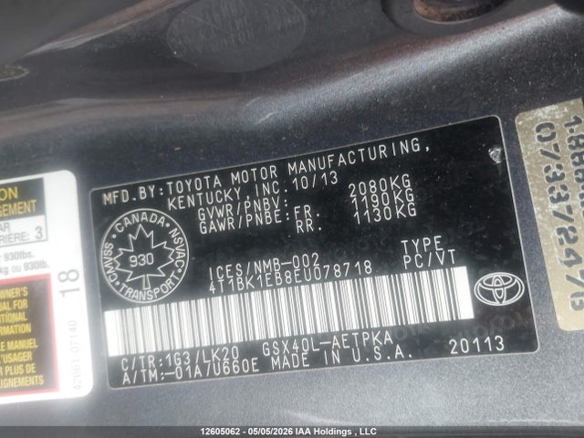 12605062 :رقم المزاد ، 4T1BK1EB8EU078718 vin ، 2014 Toyota Avalon Xle مزاد بيع