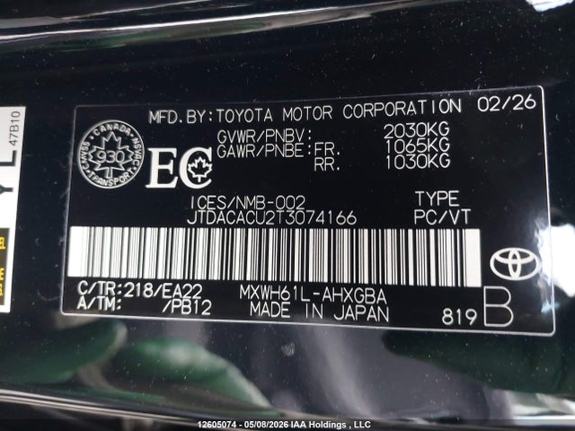 12605074 :رقم المزاد ، JTDACACU2T3074166 vin ، 2026 Toyota Prius Plug-in Hybrid Xse/xse Premium مزاد بيع