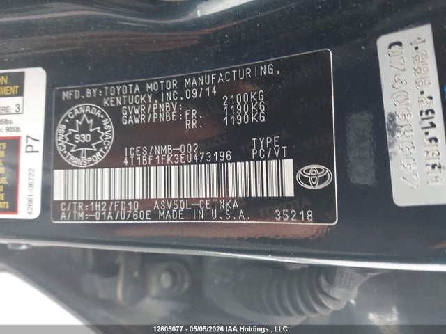 12605077 :رقم المزاد ، 4T1BF1FK3EU473196 vin ، 2014 Toyota Camry Le مزاد بيع
